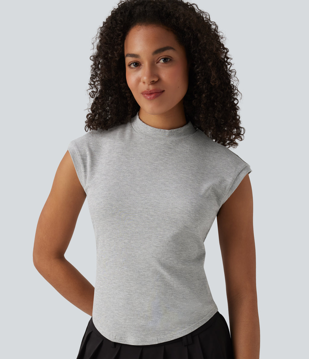Ribbed Knit Stand Collar Casual Tank Top — Fog Gray — view 1
