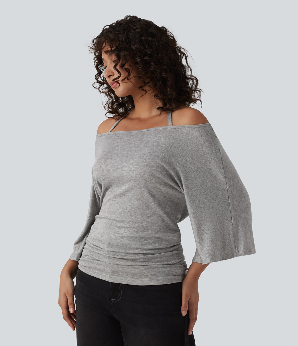 Ribbed Heathered Off-shoulder Batwing 3/4 Sleeve Ruched Casual Halter Top — Fog Gray — view 3