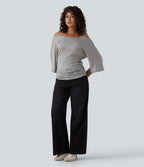 Ribbed Heathered Off-shoulder Batwing 3/4 Sleeve Ruched Casual Halter Top — Fog Gray — view 7