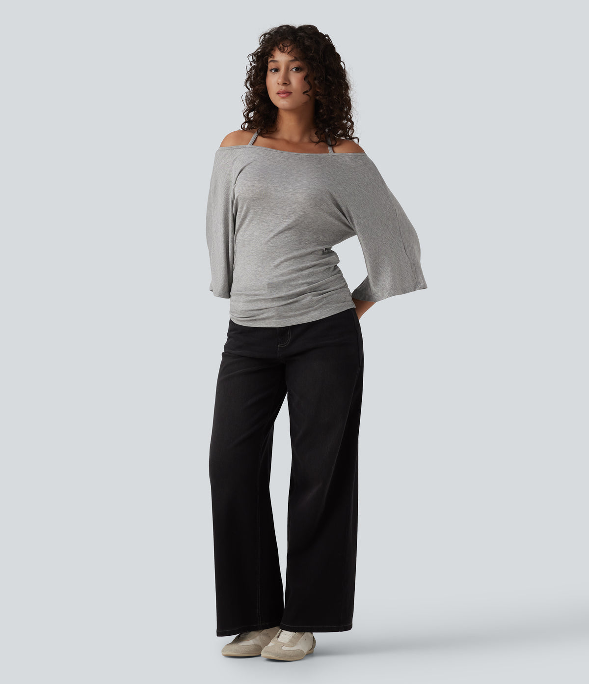 Ribbed Heathered Off-shoulder Batwing 3/4 Sleeve Ruched Casual Halter Top — Fog Gray — view 7