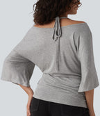 Ribbed Heathered Off-shoulder Batwing 3/4 Sleeve Ruched Casual Halter Top — Fog Gray — view 5