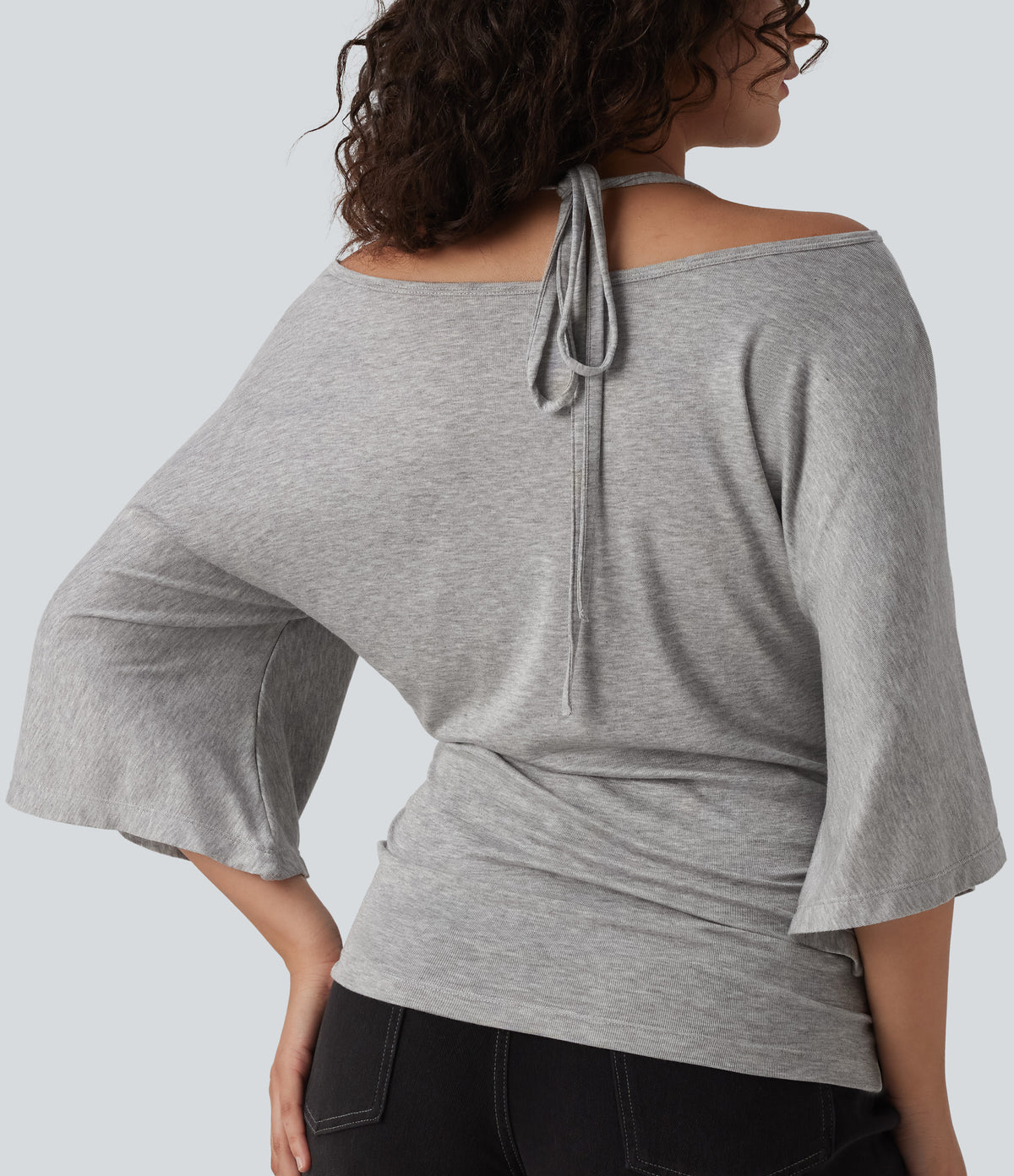 Ribbed Heathered Off-shoulder Batwing 3/4 Sleeve Ruched Casual Halter Top — Fog Gray — view 5