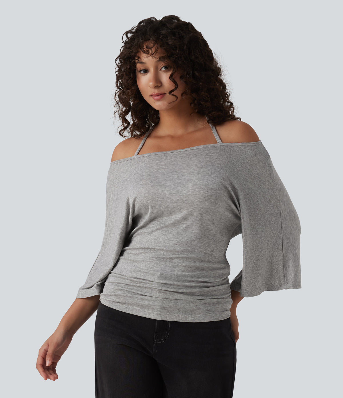 Ribbed Heathered Off-shoulder Batwing 3/4 Sleeve Ruched Casual Halter Top — Fog Gray — view 4