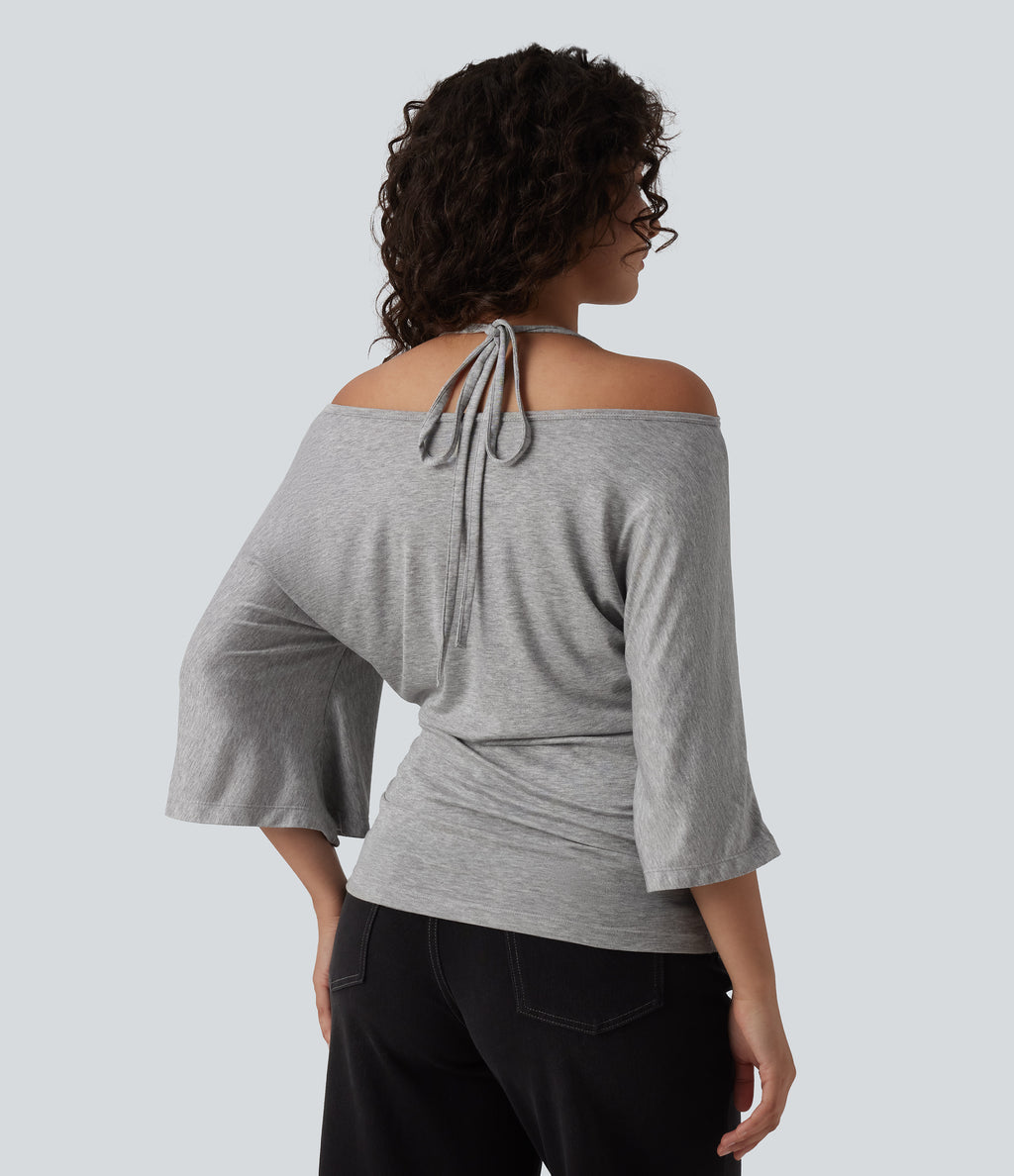 Ribbed Heathered Off-shoulder Batwing 3/4 Sleeve Ruched Casual Halter Top — Fog Gray — view 2