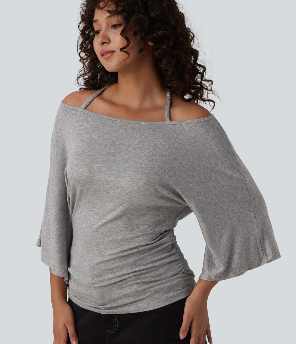 Ribbed Heathered Off-shoulder Batwing 3/4 Sleeve Ruched Casual Halter Top — Fog Gray — view 1