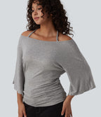 Ribbed Heathered Off-shoulder Batwing 3/4 Sleeve Ruched Casual Halter Top — Fog Gray — view 1