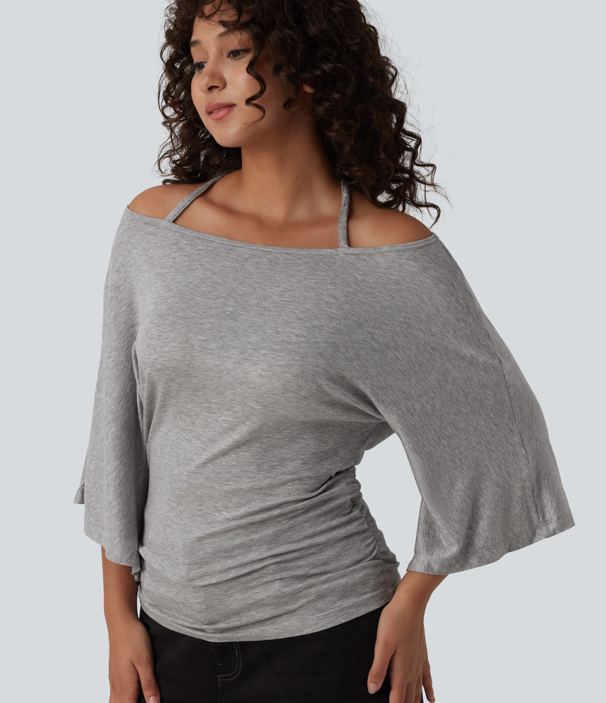 Ribbed Heathered Off-shoulder Batwing 3/4 Sleeve Ruched Casual Halter Top — Fog Gray — view 1