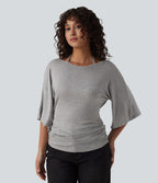 Ribbed Heathered Off-shoulder Batwing 3/4 Sleeve Ruched Casual Halter Top — Fog Gray — view 6