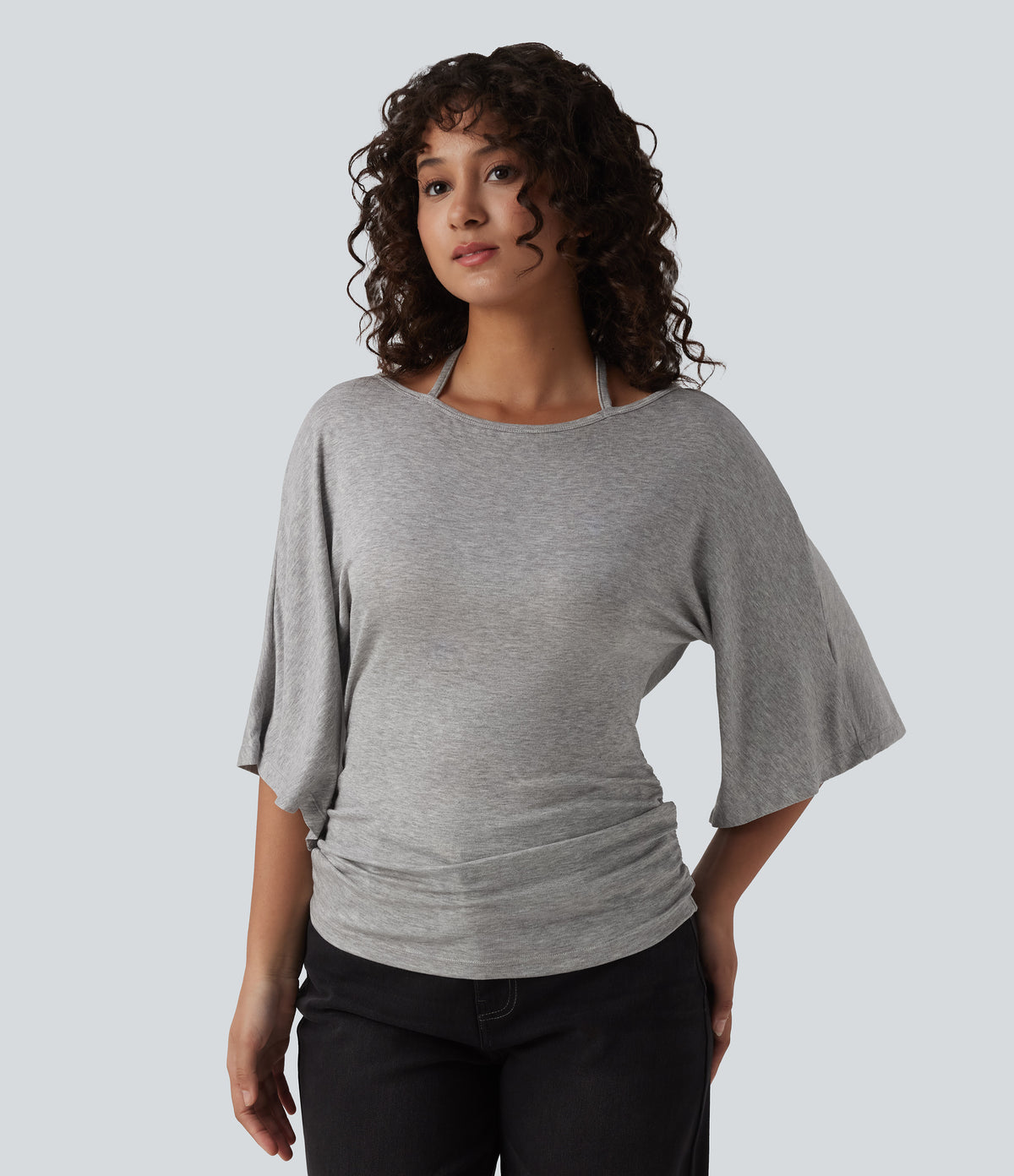 Ribbed Heathered Off-shoulder Batwing 3/4 Sleeve Ruched Casual Halter Top — Fog Gray — view 6