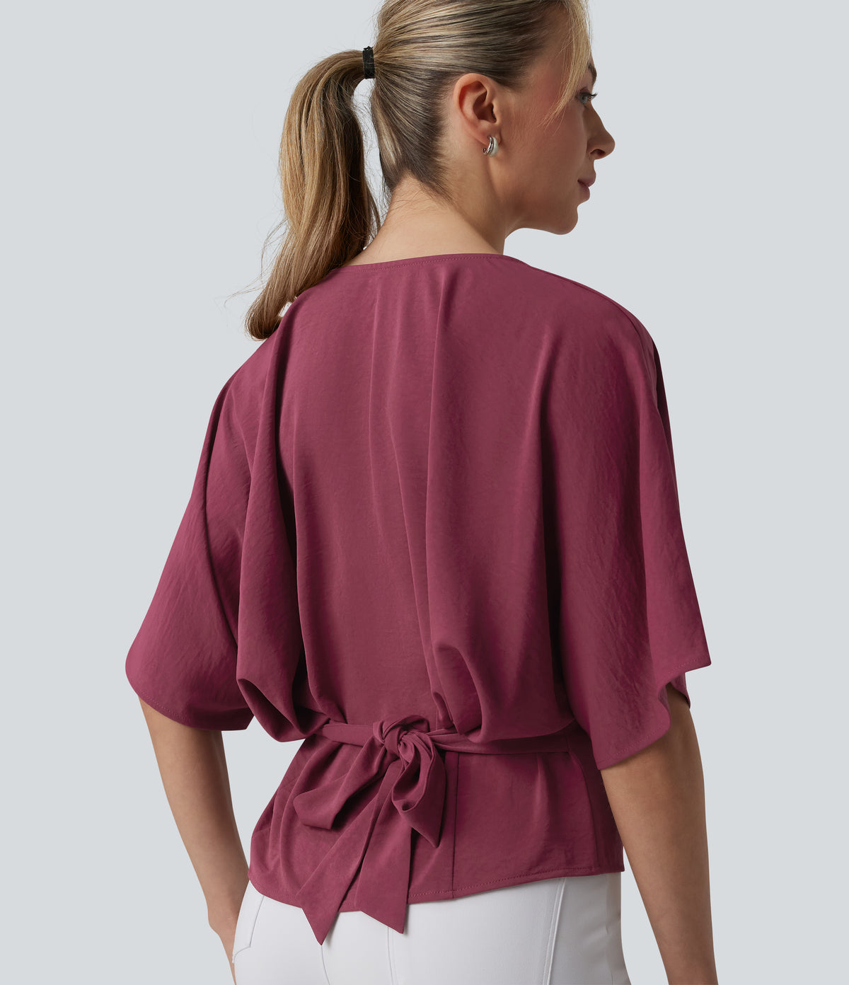 Deep V-neck Batwing Sleeve Tie-back Casual Top — Wine Red — view 5
