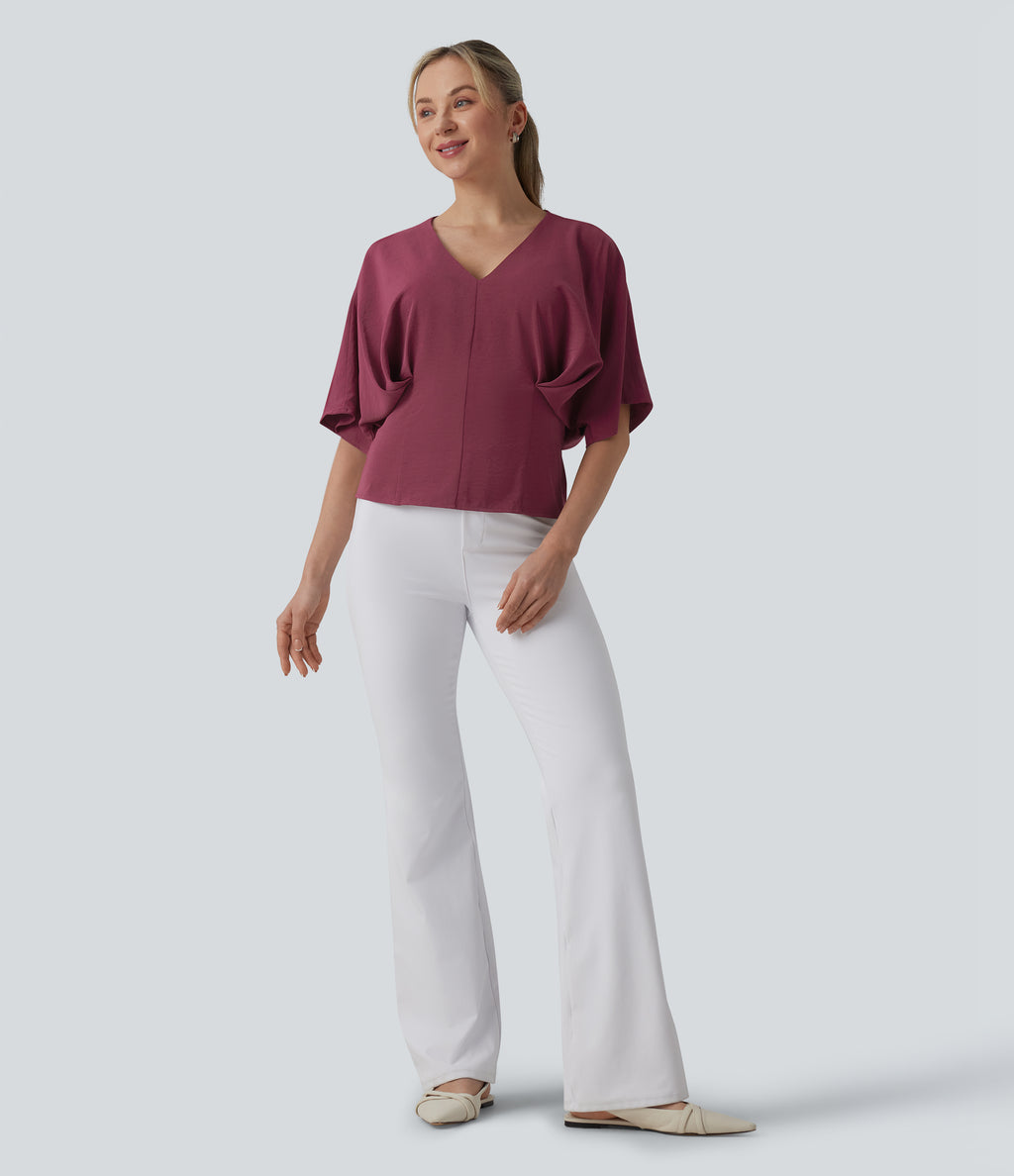 Deep V-neck Batwing Sleeve Tie-back Casual Top — Wine Red — view 6