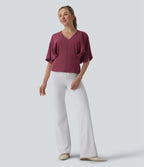 Deep V-neck Batwing Sleeve Tie-back Casual Top — Wine Red — view 6