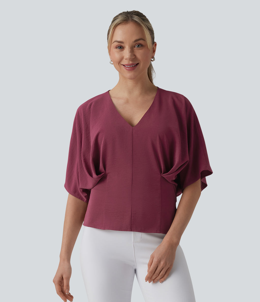 Deep V-neck Batwing Sleeve Tie-back Casual Top — Wine Red — view 4