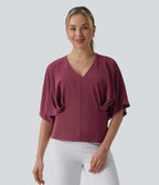 Deep V-neck Batwing Sleeve Tie-back Casual Top — Wine Red — view 4