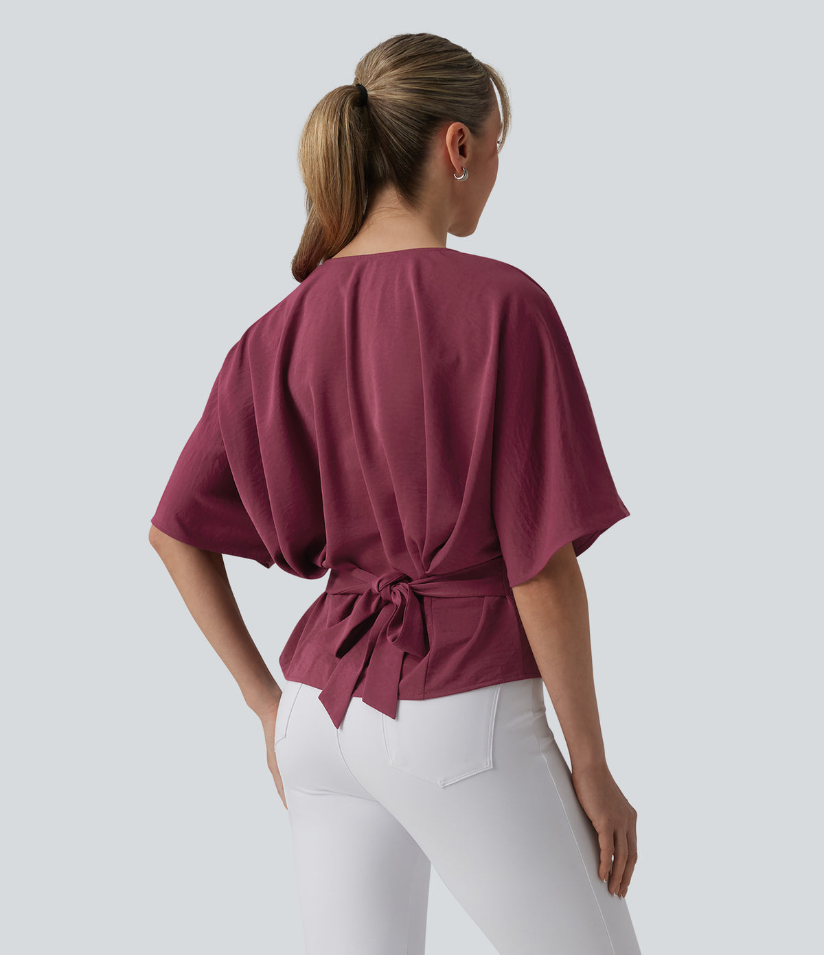 Deep V-neck Batwing Sleeve Tie-back Casual Top — Wine Red — view 2