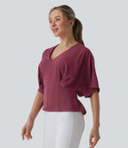 Deep V-neck Batwing Sleeve Tie-back Casual Top — Wine Red — view 3
