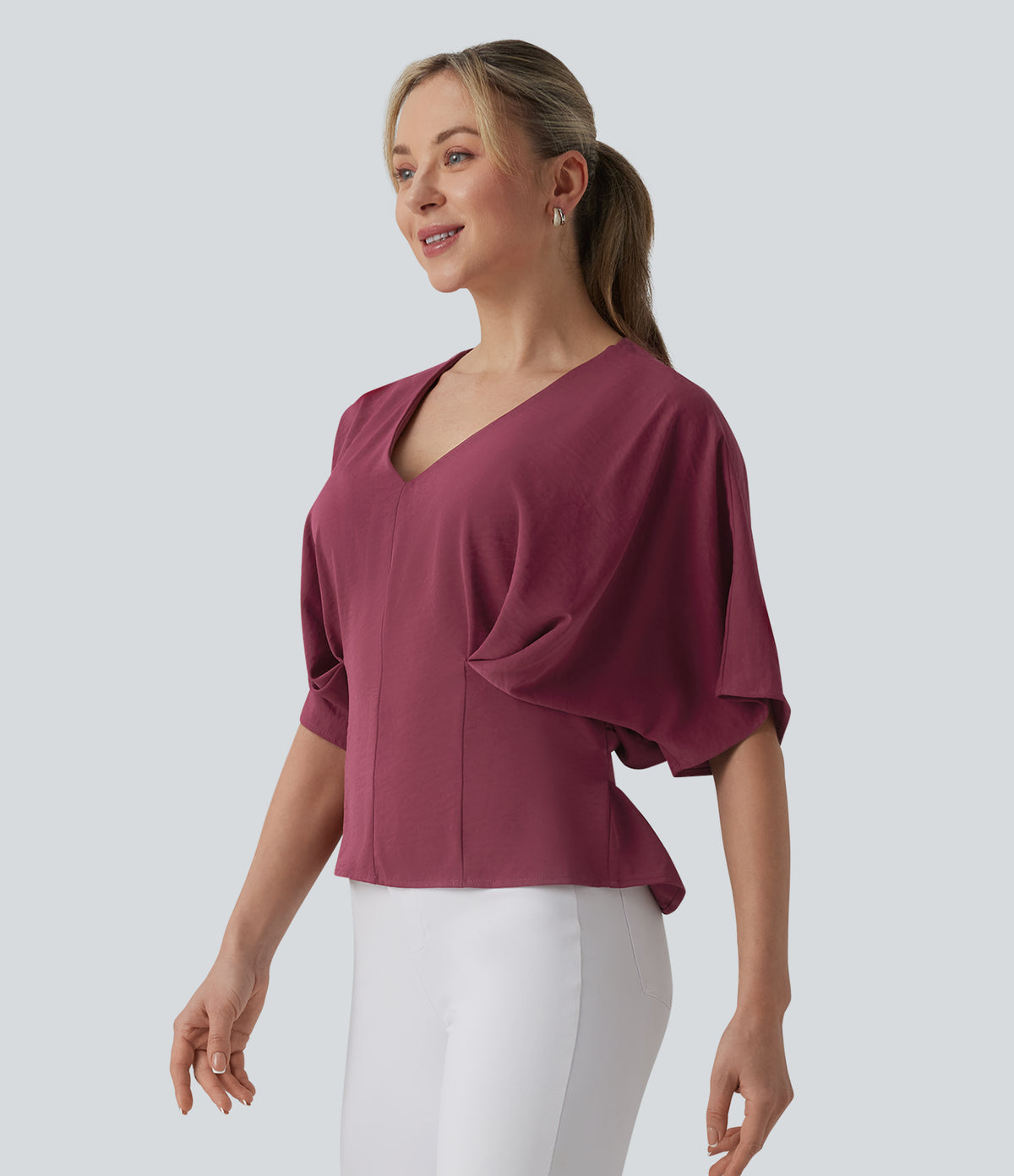 Deep V-neck Batwing Sleeve Tie-back Casual Top — Wine Red — view 3