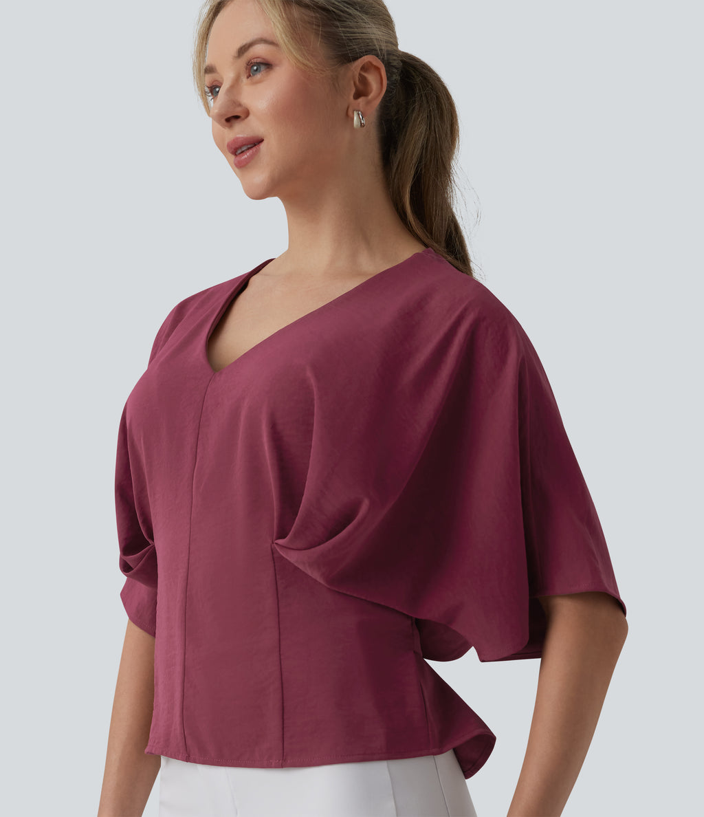 Deep V-neck Batwing Sleeve Tie-back Casual Top — Wine Red — view 1