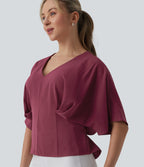 Deep V-neck Batwing Sleeve Tie-back Casual Top — Wine Red — view 1