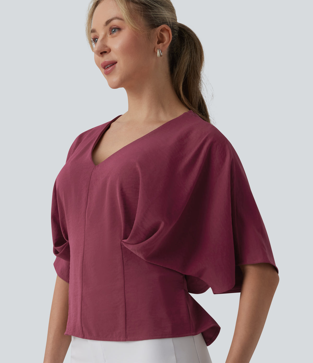 Deep V-neck Batwing Sleeve Tie-back Casual Top — Wine Red — view 1