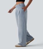 Asymmetric Mid Rise Straight Leg Casual Jeans with Pockets — Baltic Sea Blue Denim — view 3
