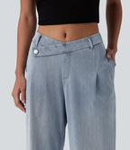 Asymmetric Mid Rise Straight Leg Casual Jeans with Pockets — Baltic Sea Blue Denim — view 5
