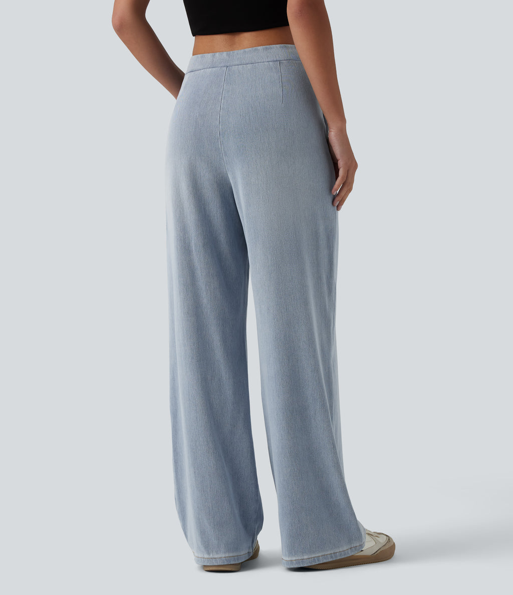 Asymmetric Mid Rise Straight Leg Casual Jeans with Pockets — Baltic Sea Blue Denim — view 2