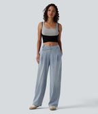 Asymmetric Mid Rise Straight Leg Casual Jeans with Pockets — Baltic Sea Blue Denim — view 6