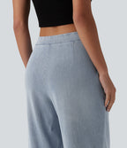 Asymmetric Mid Rise Straight Leg Casual Jeans with Pockets — Baltic Sea Blue Denim — view 4