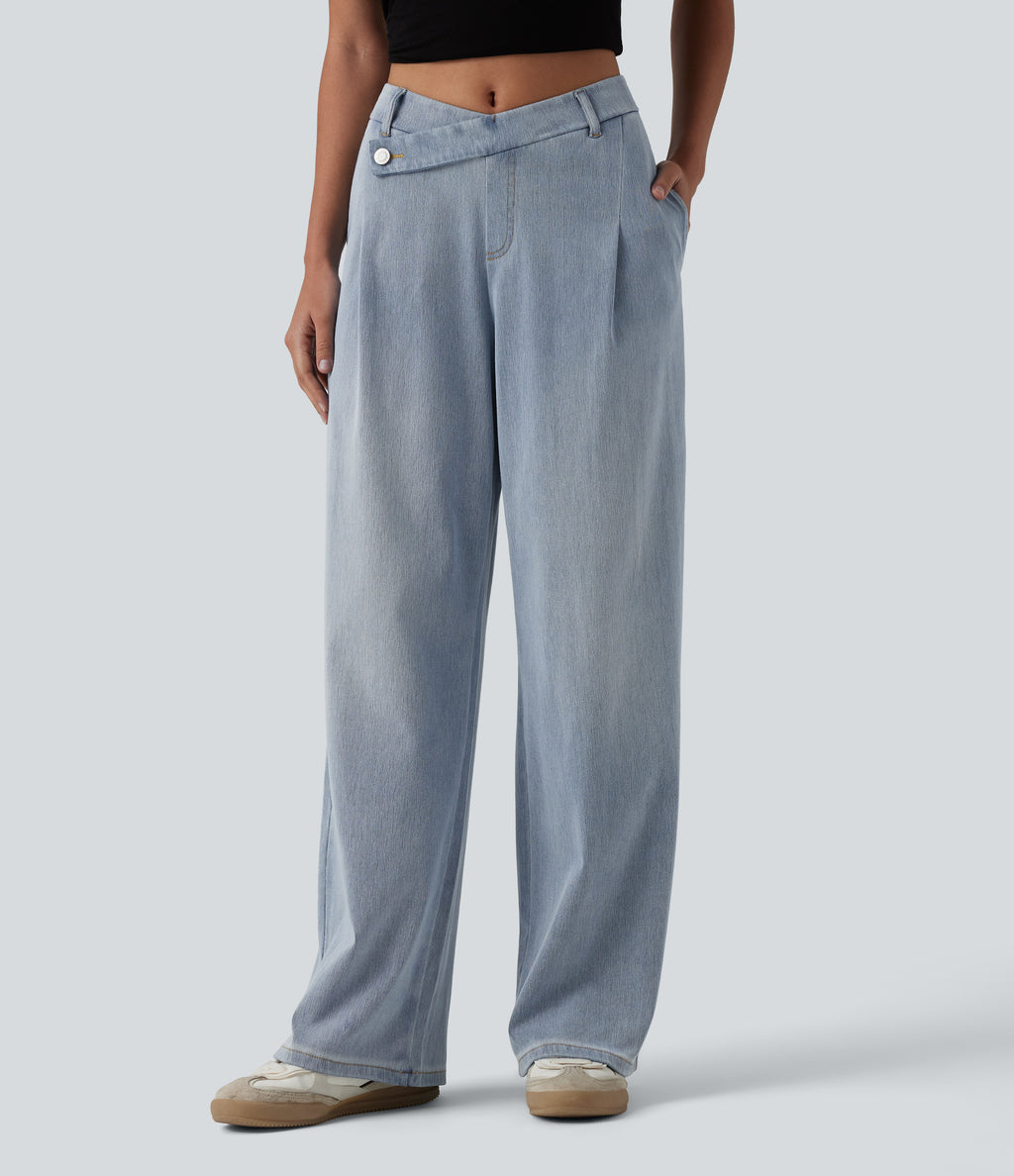 Asymmetric Mid Rise Straight Leg Casual Jeans with Pockets — Baltic Sea Blue Denim — view 1