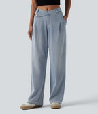Asymmetric Mid Rise Straight Leg Casual Jeans with Pockets — Baltic Sea Blue Denim — view 1