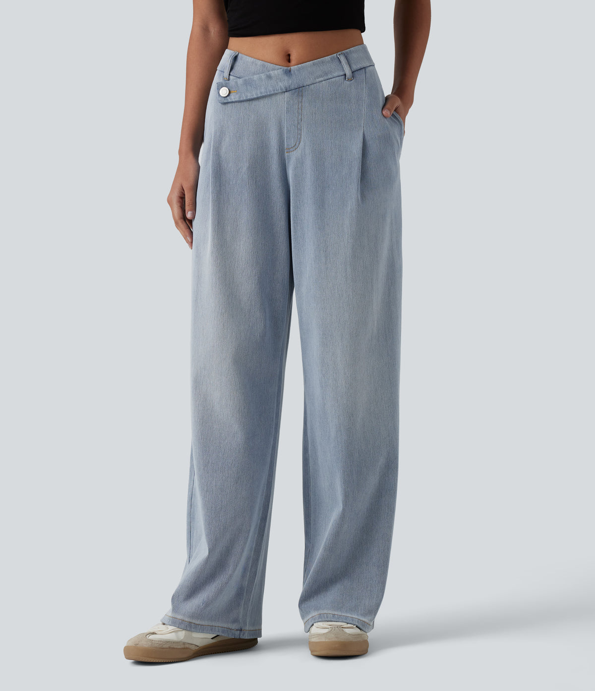Asymmetric Mid Rise Straight Leg Casual Jeans with Pockets — Baltic Sea Blue Denim — view 1
