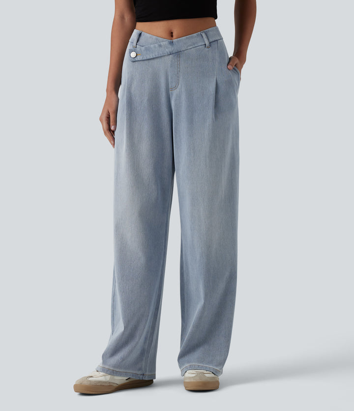 Asymmetric Mid Rise Straight Leg Casual Jeans with Pockets — Baltic Sea Blue Denim — view 1