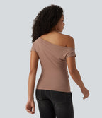 Ribbed One Shoulder Short Sleeve Casual Top — Beaver Fur — view 2
