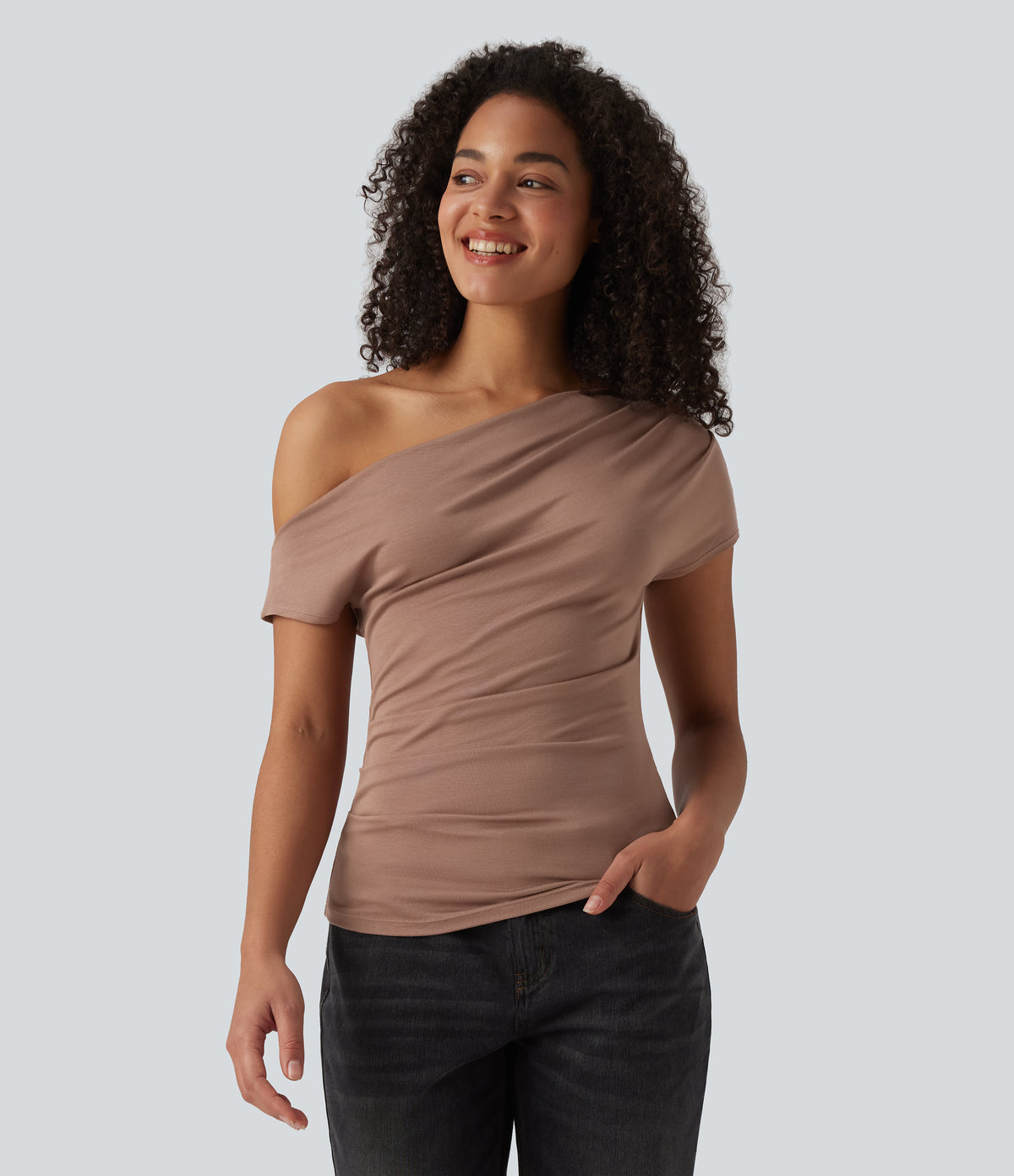 Ribbed One Shoulder Short Sleeve Casual Top — Beaver Fur — view 3