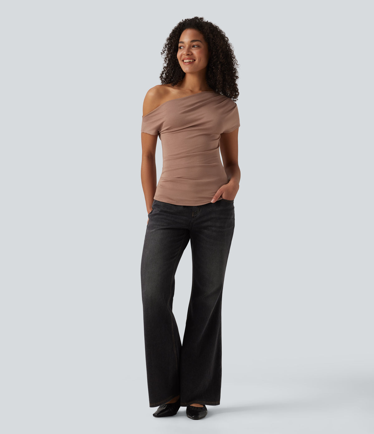 Ribbed One Shoulder Short Sleeve Casual Top — Beaver Fur — view 5