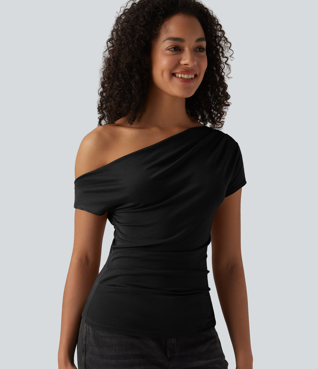 Ribbed One Shoulder Short Sleeve Casual Top — Black — view 6