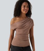 Ribbed One Shoulder Short Sleeve Casual Top — Beaver Fur — view 1