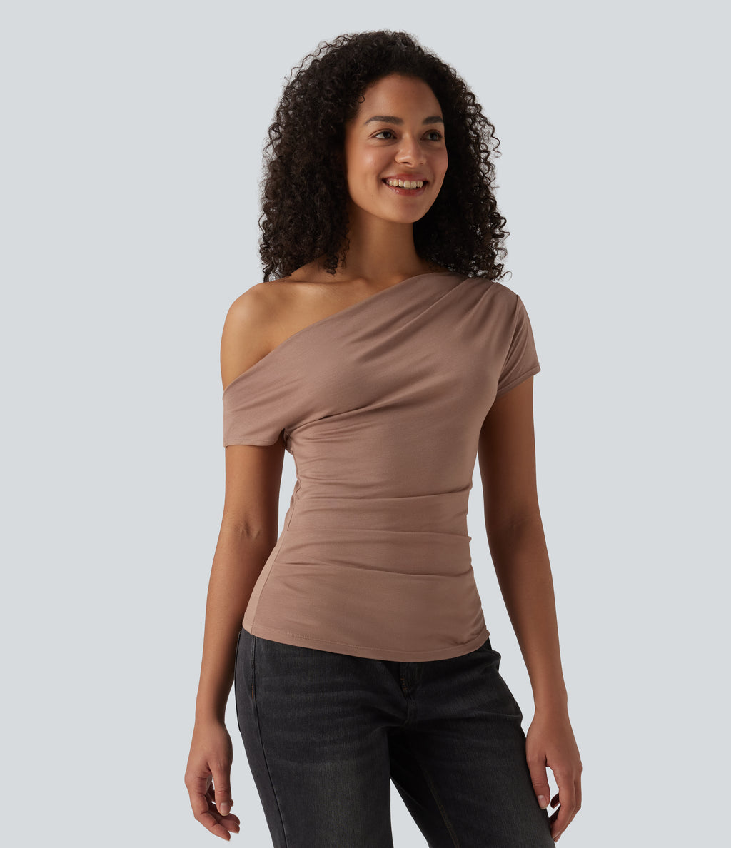 Ribbed One Shoulder Short Sleeve Casual Top — Beaver Fur — view 4