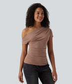 Ribbed One Shoulder Short Sleeve Casual Top — Beaver Fur — view 4