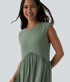 Ribbed Knit Round Neck Sleeveless Flowy Midi Casual Linen-Blend Dress — Sage Green Ribbed — view 4