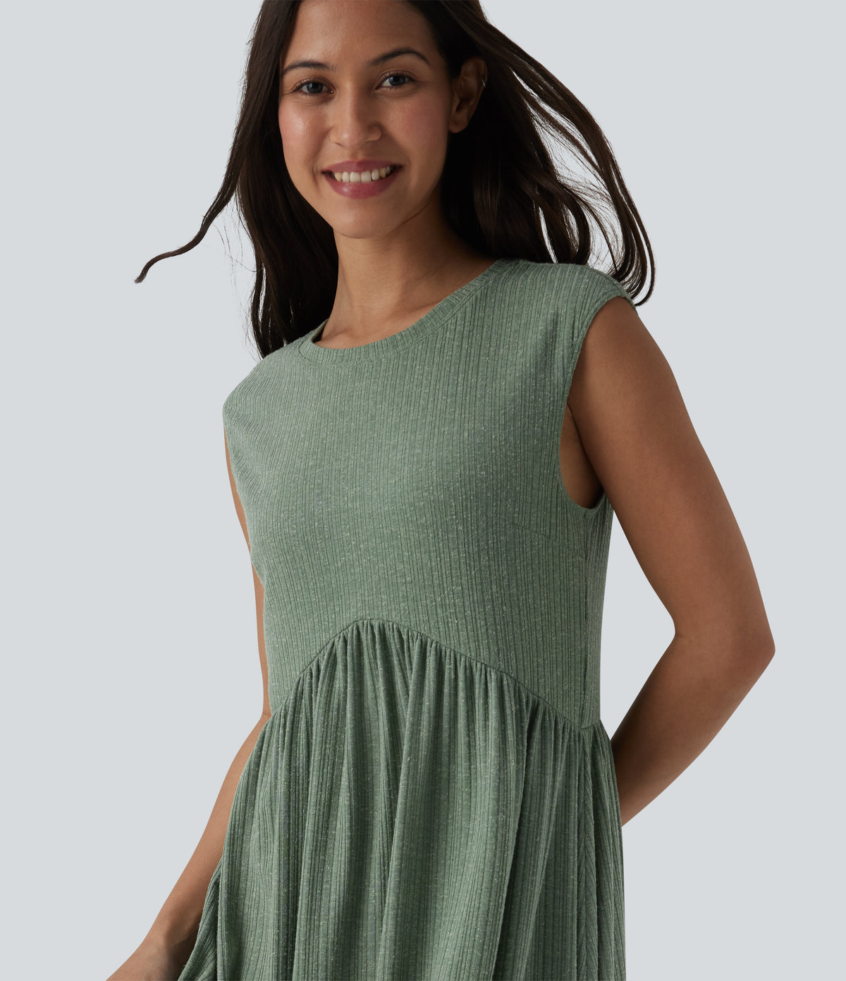 Ribbed Knit Round Neck Sleeveless Flowy Midi Casual Linen-Blend Dress — Sage Green Ribbed — view 4