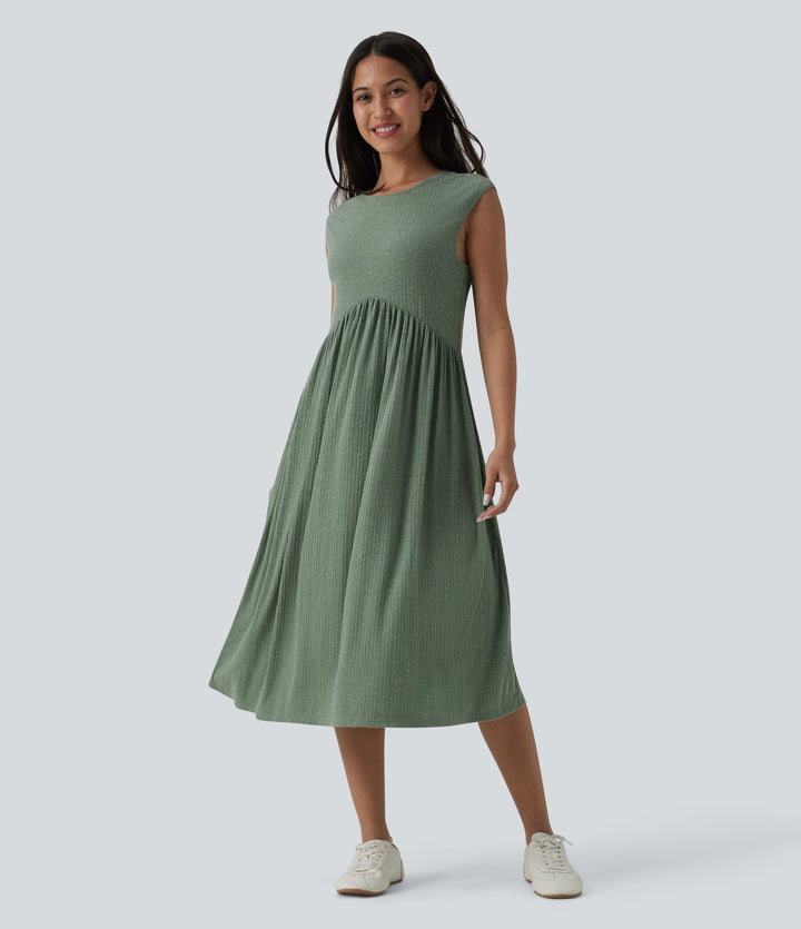 Ribbed Knit Round Neck Sleeveless Flowy Midi Casual Linen-Blend Dress — Sage Green Ribbed — view 1