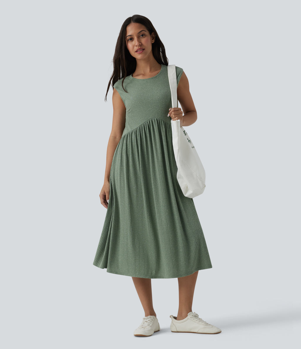 Ribbed Knit Round Neck Sleeveless Flowy Midi Casual Linen-Blend Dress — Sage Green Ribbed — view 5