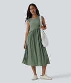 Ribbed Knit Round Neck Sleeveless Flowy Midi Casual Linen-Blend Dress — Sage Green Ribbed — view 5