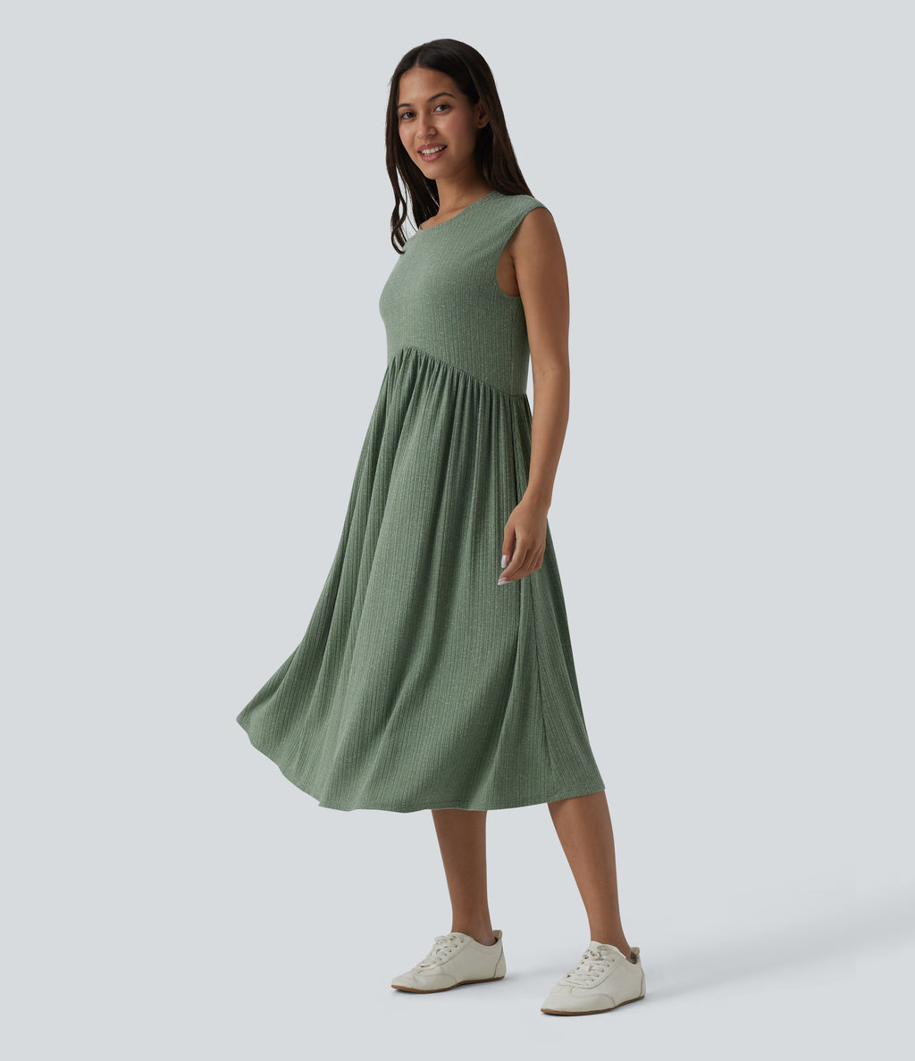 Ribbed Knit Round Neck Sleeveless Flowy Midi Casual Linen-Blend Dress — Sage Green Ribbed — view 3