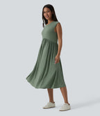 Ribbed Knit Round Neck Sleeveless Flowy Midi Casual Linen-Blend Dress — Sage Green Ribbed — view 3