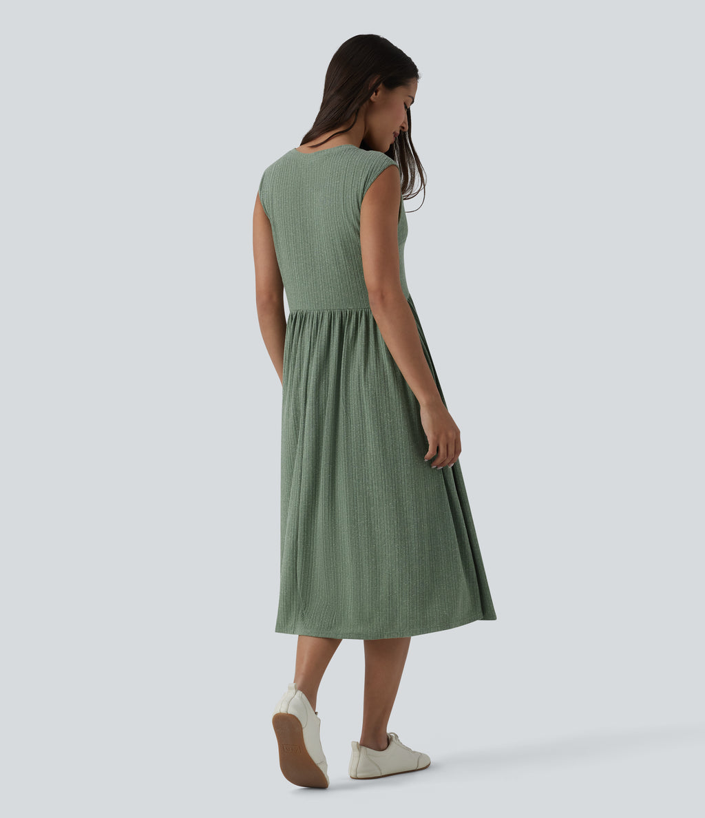 Ribbed Knit Round Neck Sleeveless Flowy Midi Casual Linen-Blend Dress — Sage Green Ribbed — view 2
