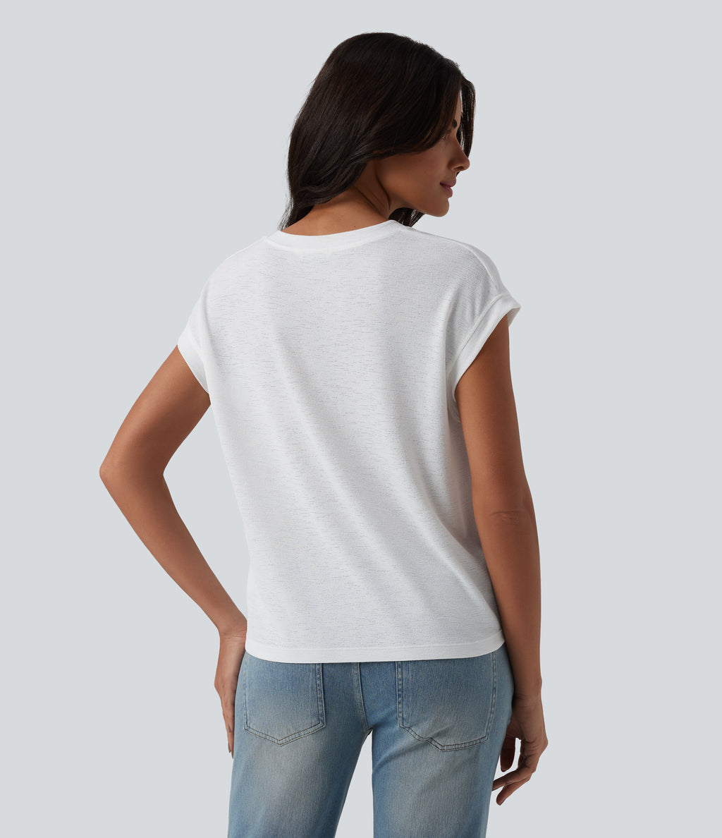 Semi Sheer Notched Short Sleeve Casual T-Shirt — White — view 2