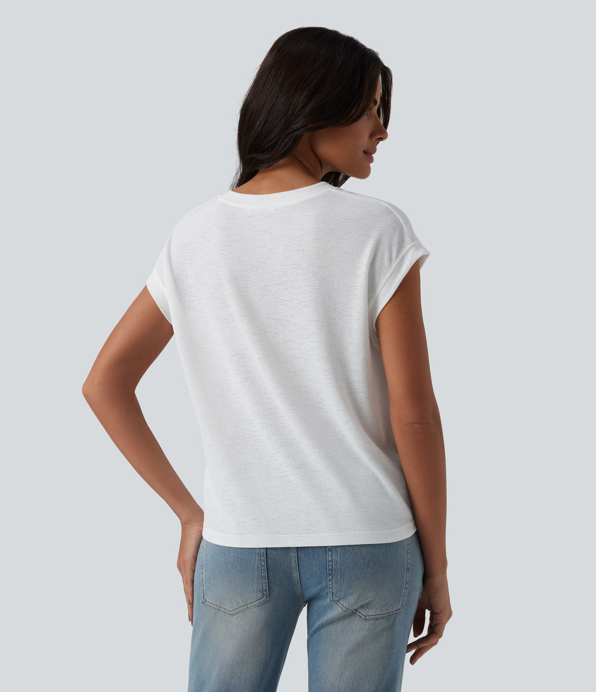 Semi Sheer Notched Short Sleeve Casual T-Shirt — White — view 2